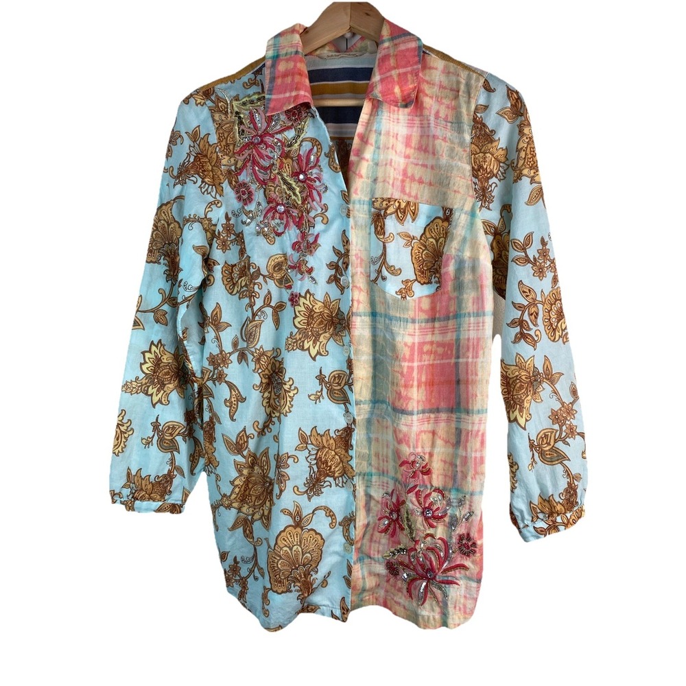 Soft Surroundings Women's S Colorful Sequin Embroidered Beaded Button Up Shirt